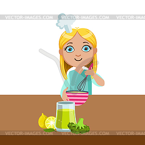 Girl Mixing In Bowl With Whip, Cute Kid In Chief - vector clip art