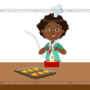 Boy Making Dough For Cookies, Cute Kid In Chief - vector image