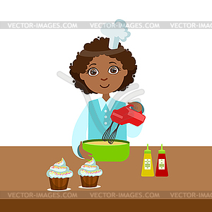 Boy Using Mixer In Bowl, Cute Kid In Chief Toque Ha - vector clip art