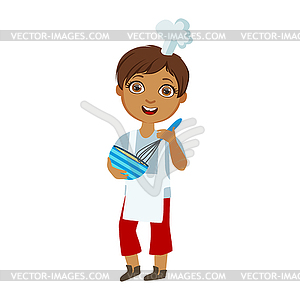 Boy Mixing Sauce In Bowl With Whip, Cute Kid In - vector clip art