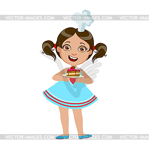 Girl Holding Plate With Piece Of Cake, Cute Kid In - royalty-free vector clipart