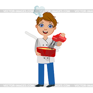 Boy Mixing Dough With Electric Mixer, Cute Kid In - vector image