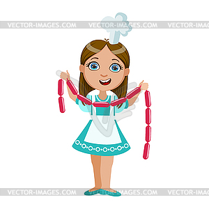 Girl Holding String Of Sausages, Cute Kid In Chief - vector clipart