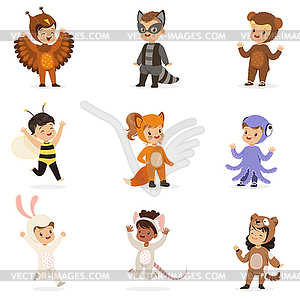 Kinds In Animal Costume Disguise Happy And Ready Fo - vector image