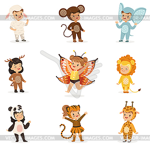 Kinds In Animal Costume Disguise Happy And Ready Fo - vector image