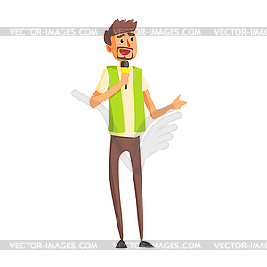 Journalist In Green Vest Asking Quesion On Press - royalty-free vector image