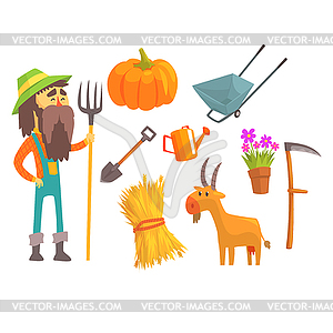 Professional Farmer And His Tools, Man And His - vector image