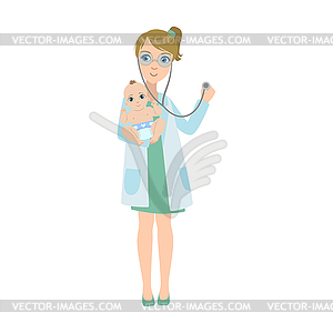 Pediatrician Checking With Stethoscope Lungs Of - vector image