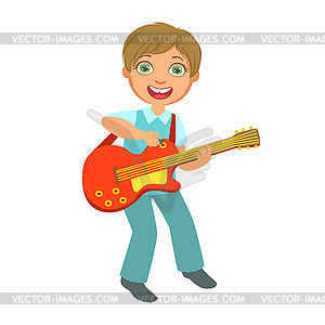 Boy Playing Electric Guitar, Kid Performing On - vector clip art