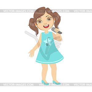 Girl With Ponytails Singing, Kid Performing On - vector image