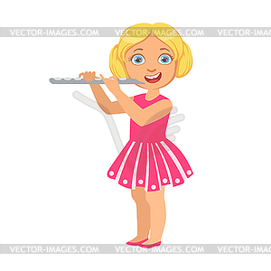 Girl Playing Flute, Kid Performing On Stage, - vector image