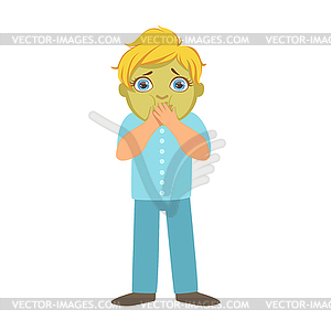 Nauseous Boy With Green Face,Sick Kid Feeling Unwel - vector image