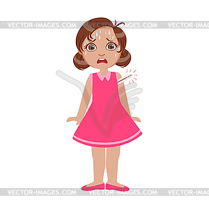 Girl With High Fever With Thermometer,Sick Kid - vector image