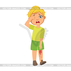 Boy With Bleeding Scratched Knee,Sick Kid Feeling - vector clip art