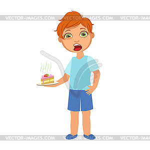 Boy With Cake Nauseous,Sick Kid Feeling Unwell - color vector clipart