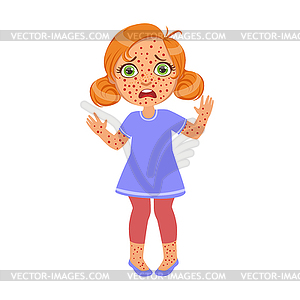 Girl With Red Pimples Rush,Sick Kid Feeling Unwell - vector image