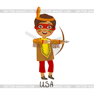 Boy In Native American Country National Clothes, - vector image
