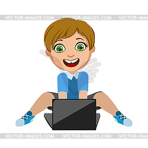 Boy Playing Video Games On Lap Top, Part Of Kids An - vector clipart