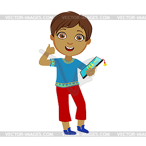 Boy Holding Tablet And Showing Thumbs Up, Part Of - vector image