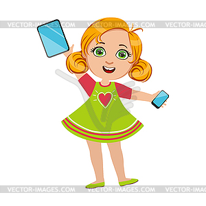 Девушка держит Tablet и смартфон, часть детей An - векторный графический клипарт