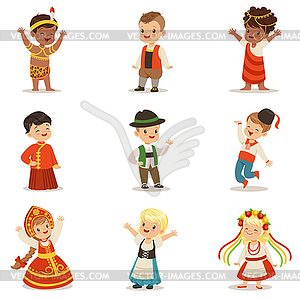 Kids Wearing National Costumes Of Different - vector clipart / vector image