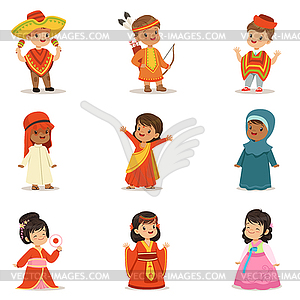 Дети в национальных костюмах разных - векторное изображение клипарта