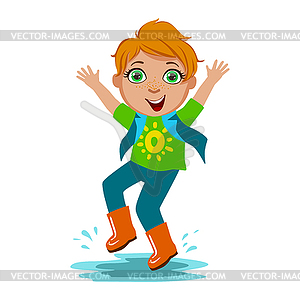 Boy In T-Shirt And Rubber Boots, Kid In Autumn - color vector clipart