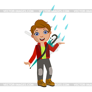 Boy In Red Jacket Catching Raindrops, Kid In - vector clipart