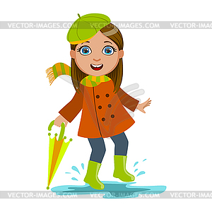 Девушка в зеленом Берет с зонтиком, Kid Осенью - клипарт
