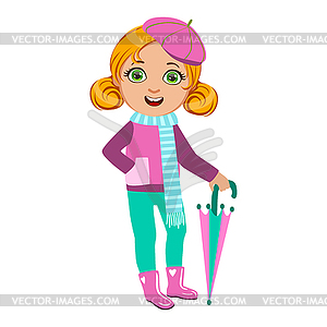 Girl In Pink And Blue Outfit, Kid In Autumn - vector image