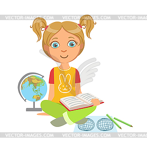 Girl Reading Geography Book, Part Of Kids Loving - color vector clipart