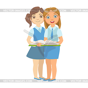 Two Girls In School Uniform Standing Reading Book - vector image