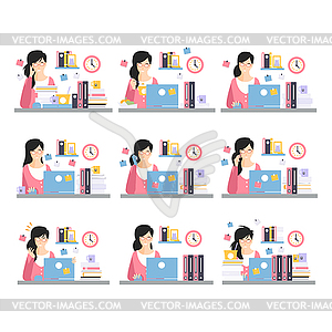 Female Office Worker Daily Work Scenes With - vector image