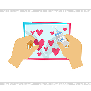 Two Hands Gluing Hearts To Paper Postcard, - vector image