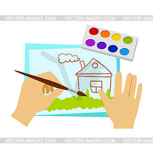 Two Hands Drawing With Paint And Brush, Elementary - vector clip art
