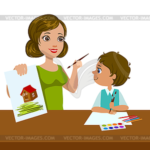 Teacher Teaching Boy How To Paint, Elementary Schoo - royalty-free vector clipart