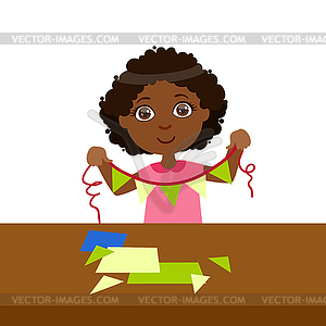 Boy Doing Paper Flag Garland On String, Elementary - vector image