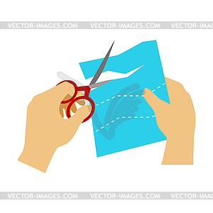 Two Hands Cutting Paper With Scissors For - vector image