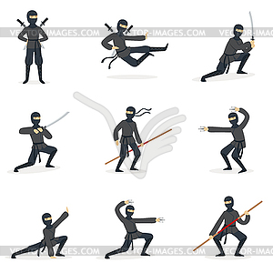 Japanese Ninja Assassin In Full Black Costume - vector clip art
