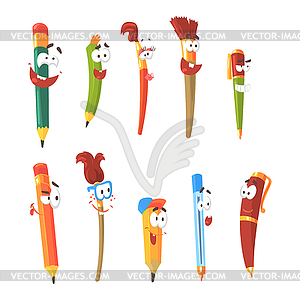 Smiling Pen, Pencils And Brushes, Set Of Animated - vector clipart