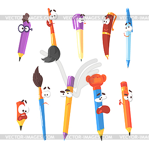 Улыбаясь ручка, карандаши и кисти, серия Animate - цветной векторный клипарт