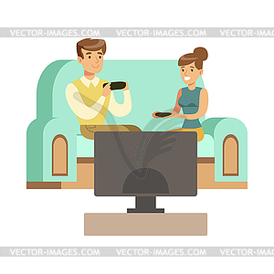 Couple Sitting On Sofa With Joysticks,Part Of - vector clip art