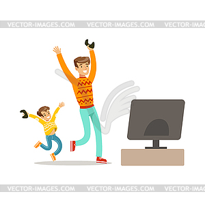 Father And Son Winning Console Game,Part Of Happy - royalty-free vector clipart