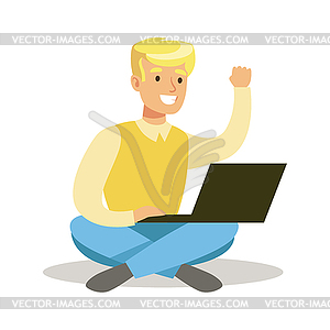 Guy Sitting On Floor With Lap Top, Part Of Happy - vector image