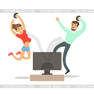 Couple With Joysticks Jumping Winning,Part Of - vector image