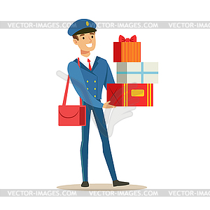 Postman In Blue Uniform Delivering Holiday Gifts An - vector image