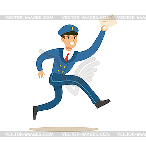 Postman In Blue Uniform Running Delivering Mail, - vector clipart