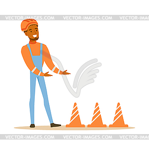 Road Worker Installing Cone Signals , Part Of - vector image