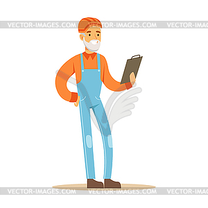 Old Road Worker With Clipboard , Part Of Roadworks - vector clipart