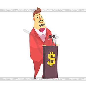 Millionaire Rich Man On Tribune Debating On - vector image